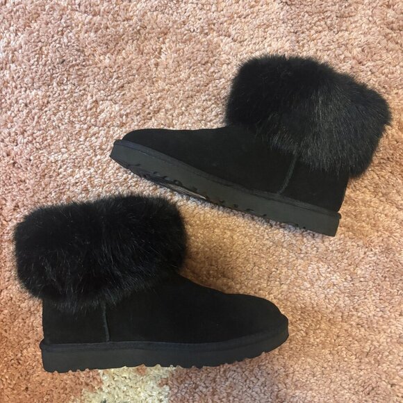 UGG Shoes - UGG Mini Toscana Cuff Black Suede Sheepskin Ankle Boots Booties Size US 7 Women
